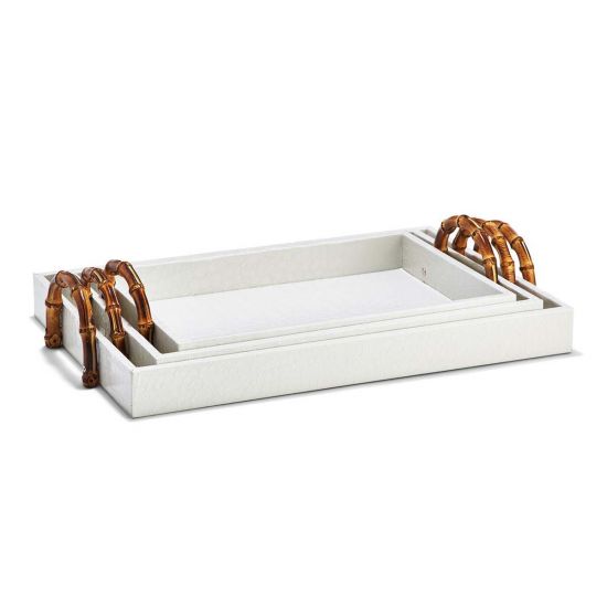 Large Faux Lizard White Leather Tray w/Bamboo Handles