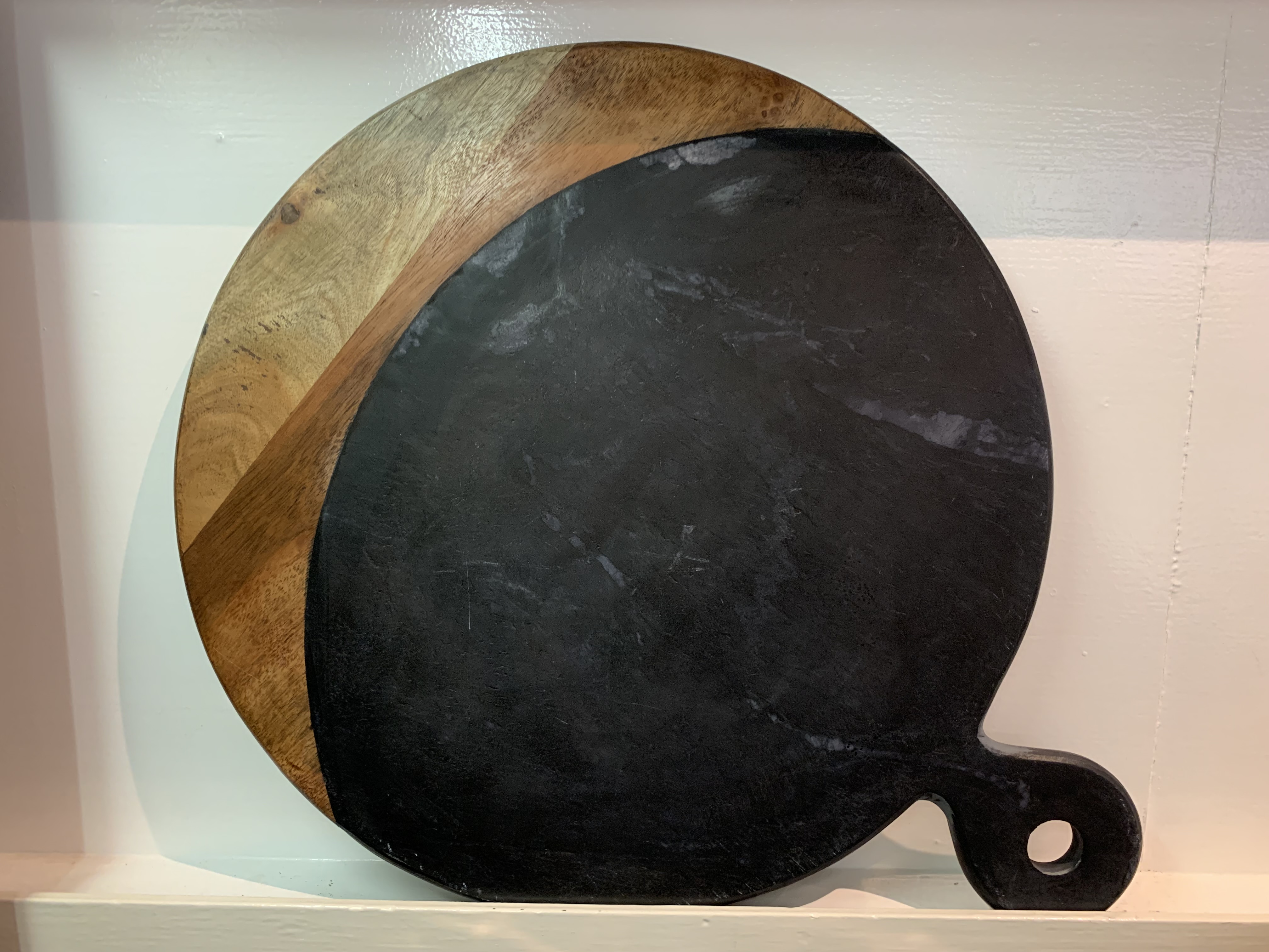 Large Round Black Marble and Wood Board